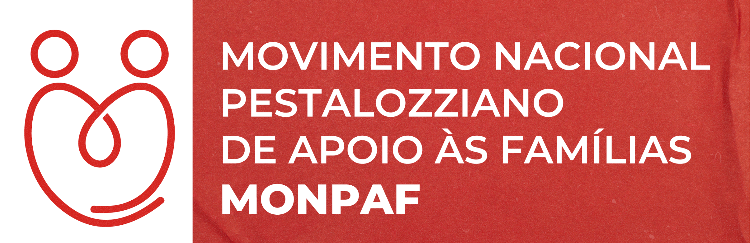 Logotipo do Movimento Nacional Pestalozziano de Apoio às Famílias - MONPAF. À esquerda, um símbolo de duas figuras humanas estilizadas entrelaçadas em fundo branco. À direita, o nome do movimento em letras brancas sobre fundo vermelho.